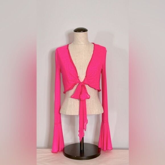 SHEIN ICON Hot Pink Lettuce Trim Knot Front Flare Sleeve Crop Top size XS - Picture 2 of 13